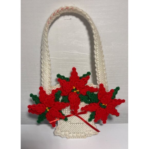 Pointsettia & Pine Cone Christmas Basket Door Knob Hanger Wall Plastic Canvas - Picture 4 of 6